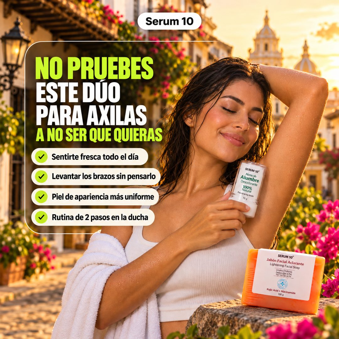 Mujer aplicando la piedra de alumbre Serum 10 junto al jabón aclarante de ácido kójico